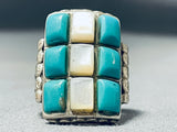 Native American One Of The Best Vintage Zuni Turquoise Inlay Sterling Silver Ring- Heavy-Nativo Arts