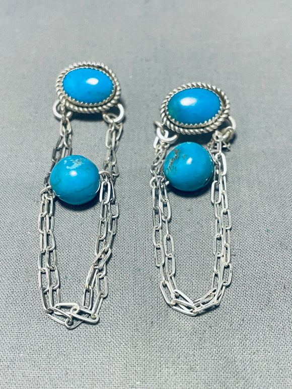 Marvelous Native American Navajo Pilot Mountain Turquoise Sterling Silver Earrings-Nativo Arts
