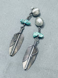 Intricate Feather Vintage Native American Navajo Turquoise Sterling Silver Earrings-Nativo Arts