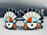 One Of Best Heavy Early Native American Zuni Inlay Sun God Sterling Silver Turquoise Bracelet