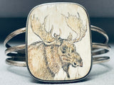 Hand Carved Moose Huge Vintage Native American Navajo Sterling Silver Bracelet Cuff-Nativo Arts