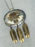 Gigantic 4 Inch Vintage Native American Navajo Sterling Silver Gold Eagle Necklace-Nativo Arts