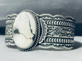 One Of Most Detailed Vintage Native American Navajo White Buffalo Turquoise Sterling Bracelet-Nativo Arts