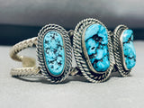 Heavy Coil Cuff Signed Native American Navajo 3 Morenci Turquoise Sterling Silver Huge Bracelet-Nativo Arts