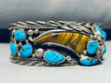 Tigers Eye Cla!! Vintage Native American Navajo Turquoise Sterling Silver Bracelet-Nativo Arts