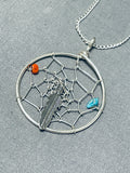 Dazzling Native American Navajo Turquoise Coral Sterling Silver Dreamcatcher Necklace