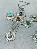 Glorious Vintage Native American Navajo Mexican Multi Stone Sterling Silver Cross Earrings-Nativo Arts