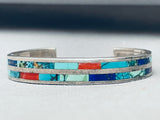 6.5 Inch Wrist Vintage Native American Zuni Turquoise Inlay Sterling Silver Bracelet-Nativo Arts