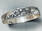 Carved Horse Scenery Vintage Native American Navajo Signed Lloyd Becenti Silver Bangle Bracelet