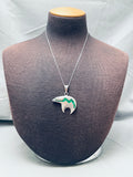 Fabulous Vintage Native American Navajo Inlay Malachite Bear Sterling Silver Necklace-Nativo Arts