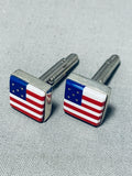 Vibrant Native American Navajo Signed Inlay Coral Lapis Shell Inlay Flag Silver Cuff Links-Nativo Arts