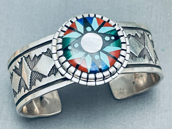 One Of Most Intricate Inlay Vintage Native American Navajo Turquoise Sterling Silver Bracelet-Nativo Arts