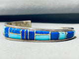 6.5 Inch Wrist Vintage Native American Navajo Turquoise Lapis Inlay Sterling Silver Bracelet-Nativo Arts