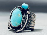 Heavy Thick Vintage Native American Navajo Easter Blue Turquoise Sterling Silver Leaf Ring