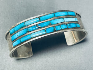 Very Rare Vintage Native American Navajo Blue Gem Turquoise Sterling Silve Rinlay Bracelet-Nativo Arts