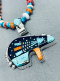 Super Intricate Native American Navajo Bear Turquoise Inlay Sterling Silver Necklace-Nativo Arts