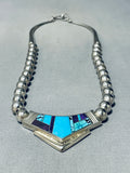 Ray Tracey Vintage Native American Navajo Turquoise Inlay Sterling Silver Necklace-Nativo Arts
