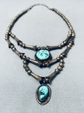 Early 1900s Vintage Native American Navajo Tiered Turquoise Sterling Silver Necklace