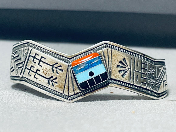 Native American One Of The Most Intricate Vintage Santo Domingo Inlay Sterling Silver Bracelet-Nativo Arts