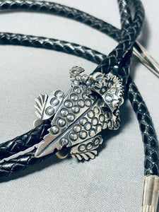 Awesome Native American Navajo Signed Handcarved Sterling Silver Toad Bolo-Nativo Arts