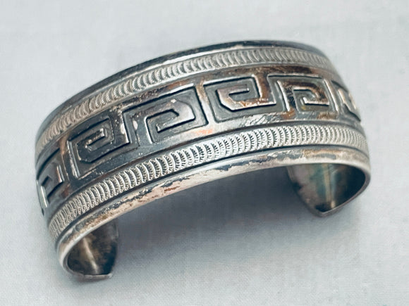 7 Inch Wrist Hand Tooled Vintage Navajo Detailed Sterling Silver Bracelet-Nativo Arts