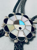 Tom Henry Vintage Native American Navajo Turquoise Pearl Inlay Sterling Silver Bolo Tie