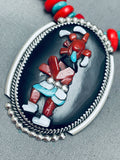 Coral Mudhead Dancer Native American Zuni Turquoise Inlay Sterling Silver Necklace-Nativo Arts