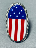 Calvin Desson Native American Navajo Coral Lapis Sterling Silver American Flag Ring-Nativo Arts
