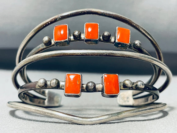 One Of The Best Vintage Native American Navajo Squared Coral Sterling Silver Bracelet-Nativo Arts