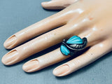 Hand-carved Leaf Turquoise Vintage Native American Navajo Sterling Silver Leaf Ring. Old-Nativo Arts