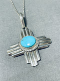 Robert Yellowhorse Native American Navajo Blue Gem Turquoise Sterling Silver Zia Necklace-Nativo Arts
