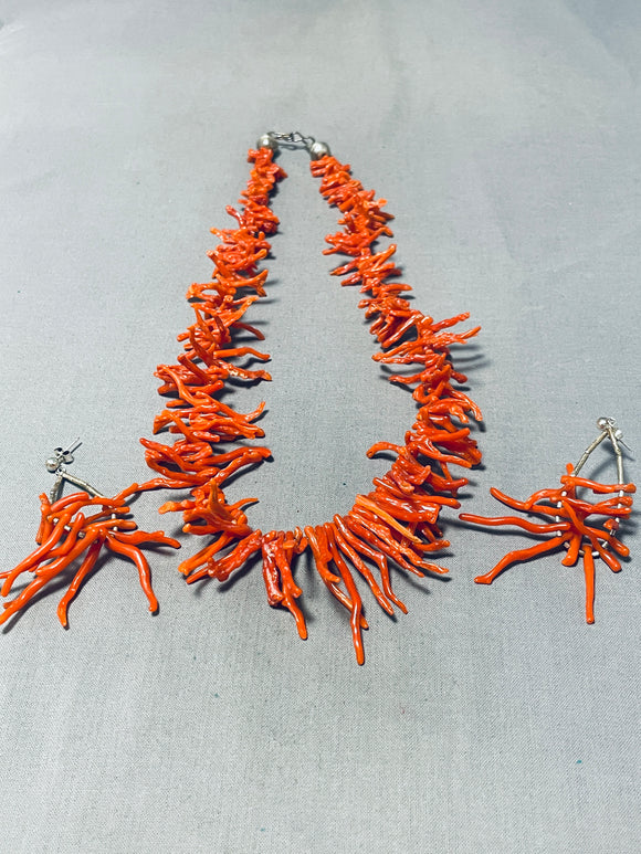 Native American Authentic Vintage Santo Domingo Coral Sterling Silver Necklace Earring Set-Nativo Arts
