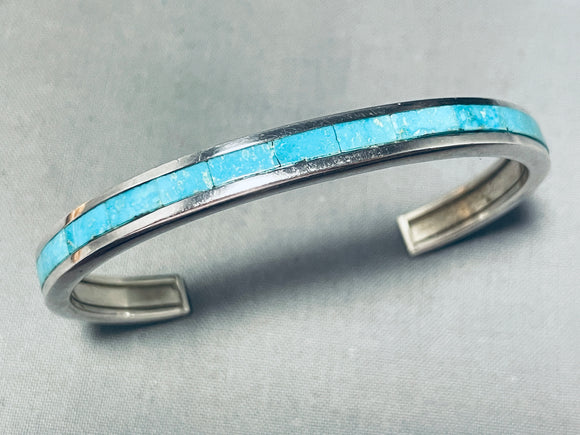 Top VINTAGE STERLING SILVER 925 TURQUOISE INLAY CUFF BRACELET ZUMI