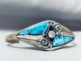 Huge Faux Diamond Vintage Native American Navajo Turquoise Sterling Silver Inlay Bracelet