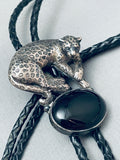 Detailed Vintage Native American Navajo Leopard Sterling Silver Jet Bolo Tie Old-Nativo Arts