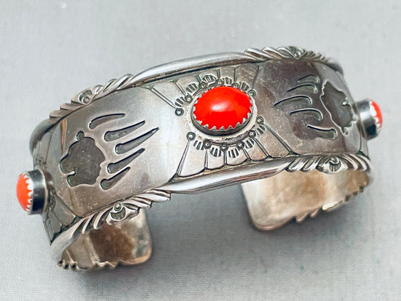 Rare Badger Paw Vintage Native American Navajo Coral Sterling Silver Bracelet-Nativo Arts