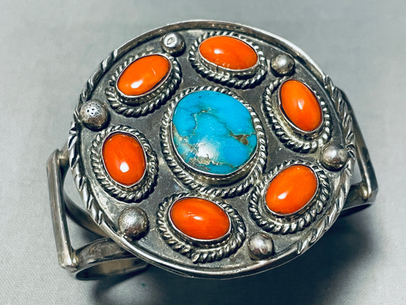 Coral Orbiting Vintage Native American Navajo Turquoise Sterling Silver Bracelet Old-Nativo Arts
