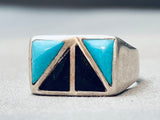 Intricate Vintage Turquoise Jet Inlay Sterling Silver Ring-Nativo Arts