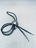 Detailed Vintage Native American Navajo Leopard Sterling Silver Jet Bolo Tie Old-Nativo Arts