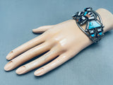 Museum Quality Vintage Native American Zuni Turquoise Kachina Sterling Silver Inlay Bracelet-Nativo Arts