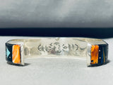 6.5 Inch Wrist Native American Navajo Turquoise Coral Jet Sterling Silver Cosmic Inlay Bracelet-Nativo Arts