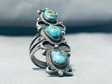 Superb Vintage Native American Navajo 3 Pilot Mountain Turquoise Sterling Silver Colossal Ring-Nativo Arts