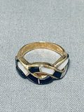 Important Vintage Native American Navajo Signed Zia Symbol Inlaid 14k Gold Ring
