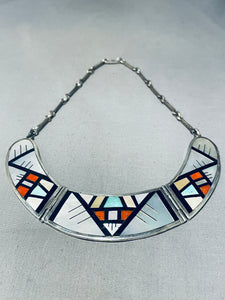 Oh The Intricacy!! Vintage Native American Zuni Turquoise Inlay Sterling Silver Necklace-Nativo Arts