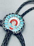 Early 1900's Vintage Native American Zuni Turquoise Inlay Chief Sterling Silver Bolo Tie-Nativo Arts