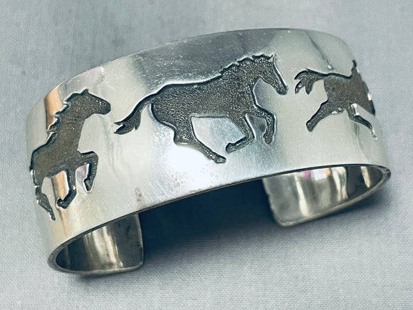 Dramatic Native American Navajo Sterling Silver Horses Bracelet