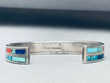 6.5 Inch Wrist Vintage Native American Zuni Turquoise Inlay Sterling Silver Bracelet-Nativo Arts