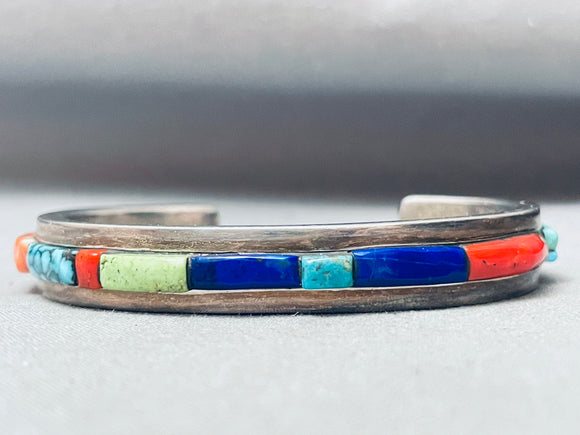 Rare Thicker Vintage Native American Navajo Turquoise Inlay Sterling Silver Bracelet-Nativo Arts
