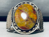 Carmel Jasper!! Vintage Native American Navajo Sterling Silver Leaf Bracelet Cuff-Nativo Arts