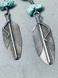 Intricate Feather Vintage Native American Navajo Turquoise Sterling Silver Earrings-Nativo Arts